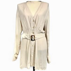 Free People Ivory Cream Belted Tunic Blouse NWT Boho V-Neck Button Down Size L
